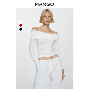 MANGO女装T恤2024夏装新款一字领露肩长袖褶皱设计气质上衣