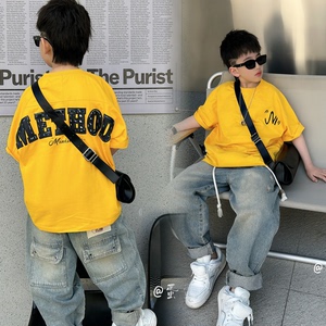 童装2024男童短袖T恤夏季新款儿童黄色背面字母中大童半袖套装潮
