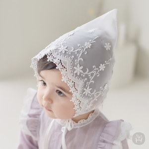 韩国进口婴幼儿童春夏季女宝宝时尚蕾丝公主胎帽百天防风护耳帽子