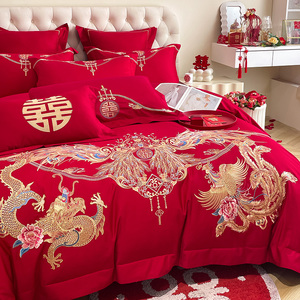 新中式水洗棉龙凤刺绣结婚单被罩大红婚庆被套床单四件套喜被床品