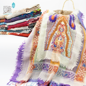 尼泊尔印度克什米尔水煮羊毛三层纱手工刺绣民族风旅游围巾披肩