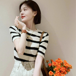 韩系黑白条纹套头针织衫女2024夏季新款今年流行修身正肩短袖t恤