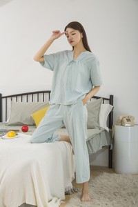 美伊轩23055纯棉女睡衣V领系带短袖长裤家居服断码特价不退不换