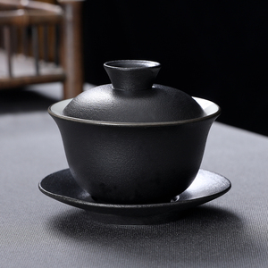 黑陶盖碗墨染三才碗家用敬茶杯陶瓷茶碗纯色盖杯中式泡茶神器黑色
