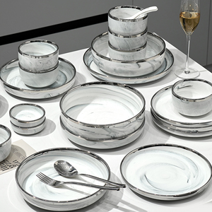 大理石银边碗家用2024新款潮州陶瓷餐具碗碟盘子组合菜盘碗具套装