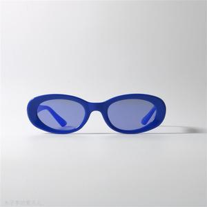 韩版小众宝蓝色反光墨镜UV400防紫外线级椭圆形配近视太阳眼镜