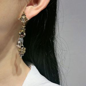 欧美巴洛克925银针皇冠珍珠耳环气质港风法式镶钻钻长款耳钉耳夹
