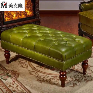 美式真皮沙发凳橄榄绿长形换鞋凳卧室床尾凳衣帽间凳子皮墩子脚踏