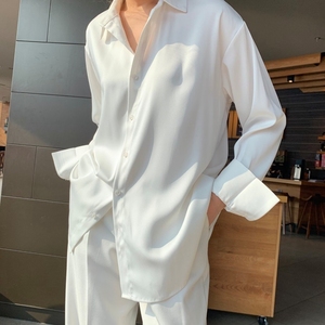 高级感衬衣INS韩系雪纺冰丝白色衬衫男夏季长袖垂感免烫宽松外套