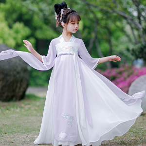 汉服女童夏季唐装小女孩超仙襦裙中国风儿童古装紫色古风短袖薄款