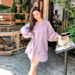 紫色休闲上衣套装裙女2024年春季新款韩版宽松学院风半身裙两件套