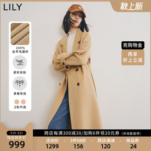 Lily/丽丽毛呢外套装新款经典收腰长款羊毛双面呢大衣女黑