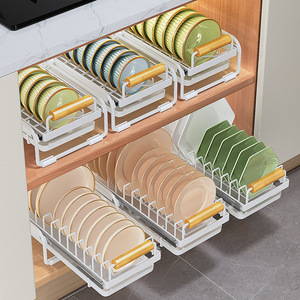 厨房置物架橱柜内抽拉碗碟拉篮分隔免安装沥水碗架碟架收纳盒碗柜