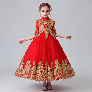 儿童礼服公主裙女童蓬蓬纱红色洋气拜年服花童婚纱钢琴演出服长袖