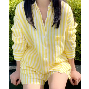 高圆圆同款时尚百搭通勤减龄黄色条纹衬衫短裤两件套装女2024夏