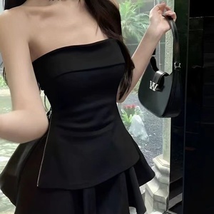 无袖黑色辣妹性感抹胸夏季短款拉链设计裹胸上衣+高腰气质蓬蓬裙