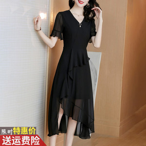 台湾纱雪纺连衣裙2024新款夏季气质女神范v领黑色不规则中长裙子