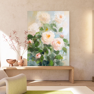 北欧风格花卉客厅装饰画白色玫瑰花肌理纯手绘油画田园风玄关挂画