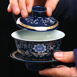 盖碗茶杯景德镇青花瓷陶瓷泡茶茶碗带盖不烫手三才盖碗单个高档