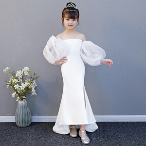 儿童礼服2022新品白色长款一字肩主持人欧美演出服女童走秀公主裙
