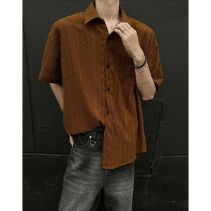 焦糖棕色镂空针织衬衫短袖男夏季cleanfit休闲衬衣老钱风穿搭外套