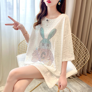 韩国蕾丝镂空露背短袖t恤女夏季新款宽松大版中长款亮闪闪上衣服