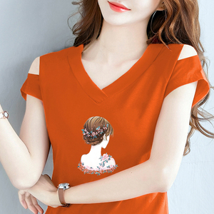 韩国露肩大码夏装V领短袖t恤女士半袖纯棉一字领上衣服体恤打底衫