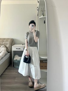 韩国灰色圆领带钻短袖t恤毛衣女夏季宽松甜美减龄毛针织衫短上衣