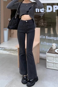 烟黑色微喇叭牛仔裤女夏季新款口袋设计高腰修身显瘦小个子马蹄裤