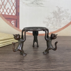 复古三猫顶置茶壶盖置茶具摆放居家茶道茶艺桌面摆件杂项古玩铜器