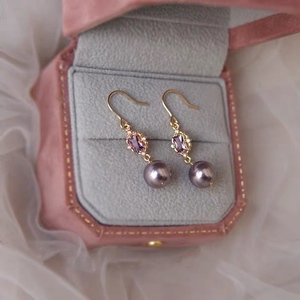 OuRan | 法式紫珍珠水晶耳钩14K包金珍珠耳饰耳环气质显瘦复古