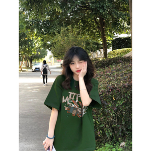 美式墨绿色短袖T恤少女夏装2024新款初中高中学生宽松复古上衣服