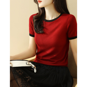 红色短袖t恤女2024夏季新款韩版修身圆领冰丝针织衫百搭薄款上衣