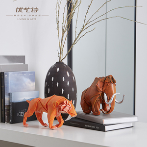 现代简约折纸动物摆件家居装饰品猛犸象剑齿虎样板房摆件工艺品