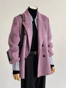 冬装新款2023剪标女装粉紫色小个子短款呢子大衣高端气质毛呢外套