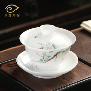 高档手绘粉彩三才盖碗单个不烫手德化冰种玉瓷泡茶碗陶瓷白瓷茶杯