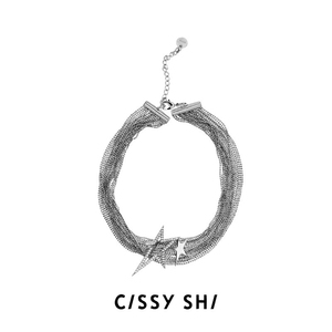CISSY SHI 星星流苏短项链 迪丽热巴同款银色镀铂金颈链项链