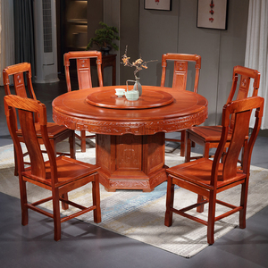 花梨木全实木餐桌1.3米家用大圆桌10人带转盘1.8中式雕花圆形餐桌