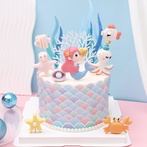 新款贝壳人鱼小公主蛋糕装饰摆件海洋美人鱼女孩生日装扮甜品台插