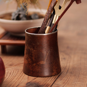 清沁堂手工纯紫铜包锡边圆形手作茶器收纳桶复古笔筒茶具零配件