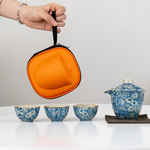 青花陶瓷快客杯功夫茶具便携旅行茶具包泡茶茶壶一壶三杯喝茶装备