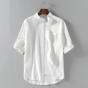 夏款6分8忖寸衣7棉麻衬衫男夏季薄款7七分袖立领白色寸衫2021中国