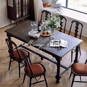 法式复古实木大板桌长方形双色餐桌家用南洋风高级重工餐桌餐椅