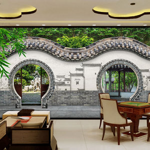 中式饭店餐厅餐馆包间装修墙纸复古怀旧中国风建筑拱门屋檐壁纸画