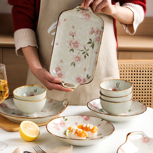 舍里日式樱花陶瓷餐具碗盘碟子家用创意饭碗菜盘子单个双耳鱼盘