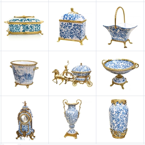 新古典铜包瓷花瓶果盘摆件套装 中式手绘青花瓷器 奢华软装饰品