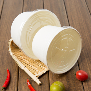 白色一次性纸碗圆形带盖小吃外卖打包快餐纸盒家用食品级泡面碗筷