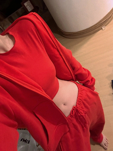 运动休闲套装女2024春季新款时尚小个子卫衣红色开衫阔腿裤两件套