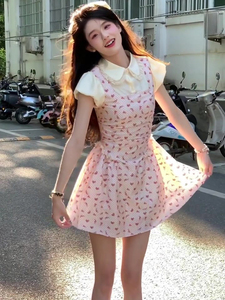 法式小香风粉红色爱心连衣裙夏高级设计感假两件甜美少女公主裙子