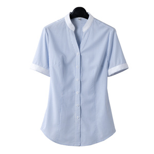 条纹职业衬衫女短袖设计感小众V领立领白衬衣修身气质韩版工作服